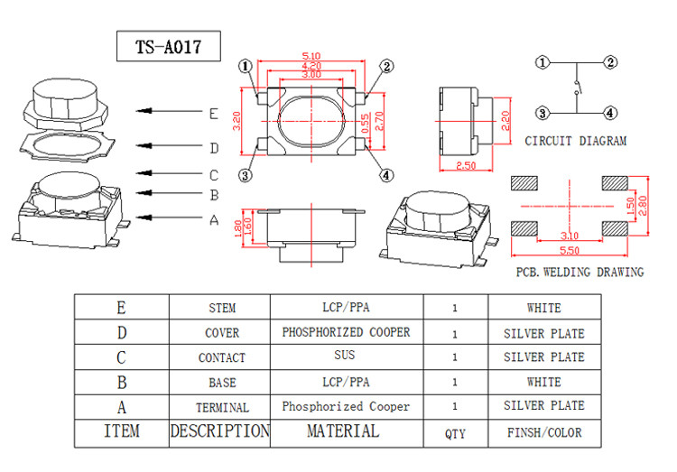 SMD Miniature Tactile Switch , SMT Tact Switch 3.3X3.3 Mm With Long Life Contact