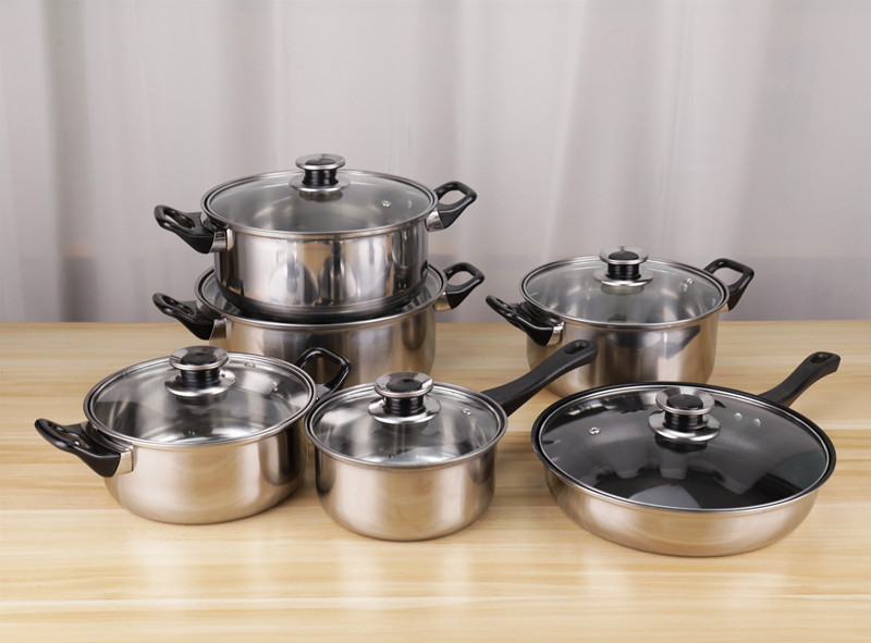 Family Kitchen Cooking Pot Cookware Set 12pcs Stainless Steel 410 Cookware Set with Black Handle