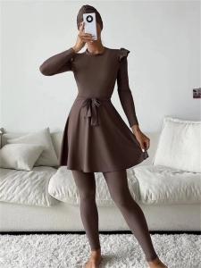 Wholesale Ruffled Waist Belt Women Muslim Swimwear Solid Color from china suppliers