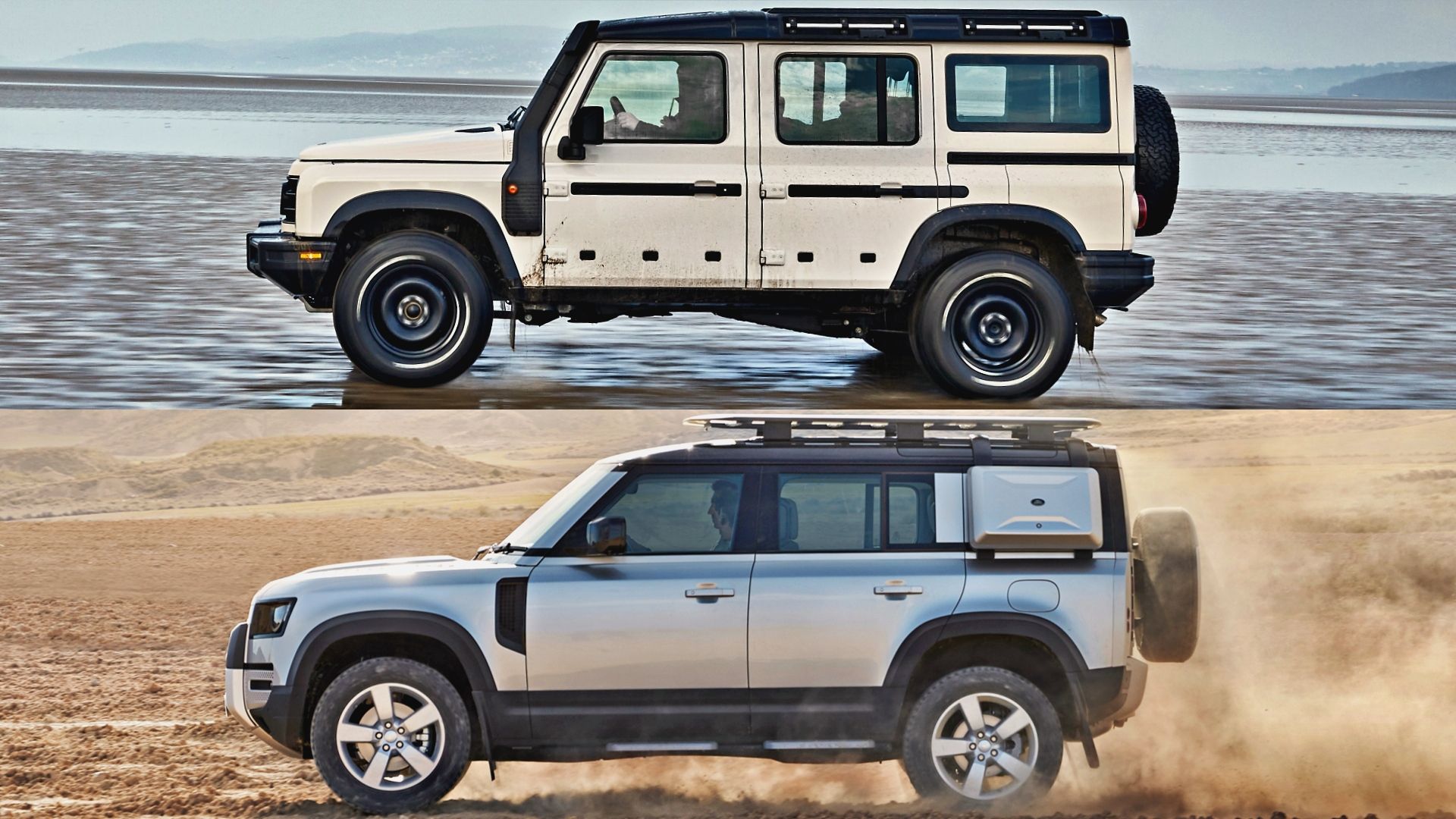 Cream Ineos Grenadier Silver Land Rover Defender