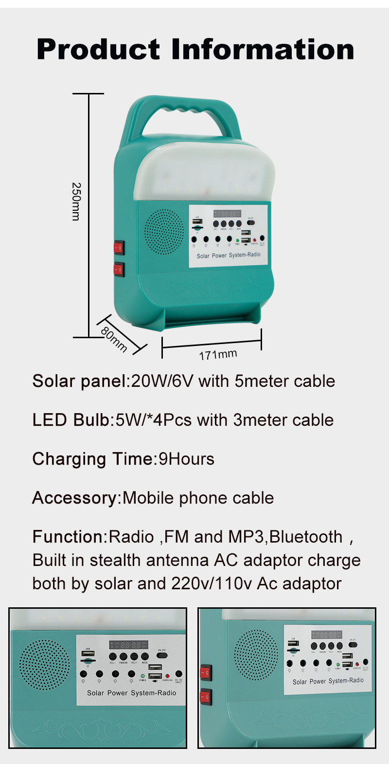 ROHS Indoor Portable Solar LED Bulbs Lights 6000K 20W With Panels