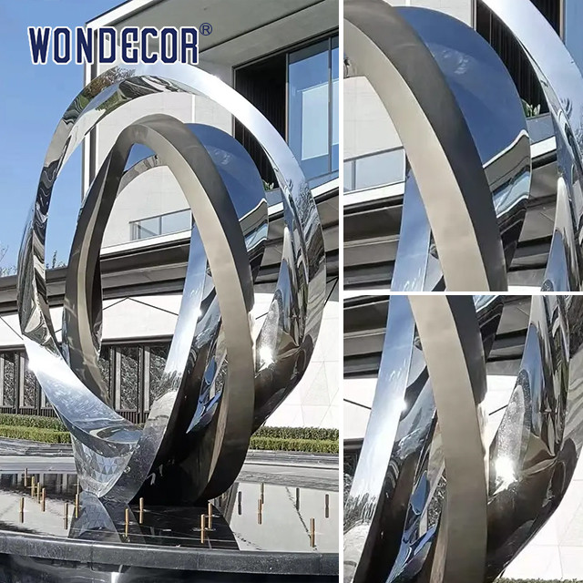 Outdoor Large Stainless Steel Fountain Sculpture Irregular Geometric Twisted Ring