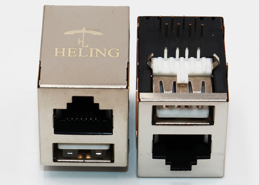 8P8C Female Right Angle RJ45 Connector Magnetic With G / Y LED Pipes