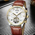 luxury brand custom Logo Waterproof Skeleton Leather stainless steel Automatic