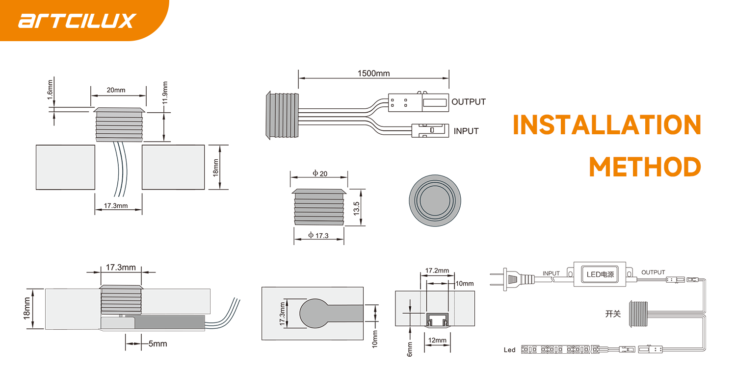 Recessed Cabinet Touch Sensor Dimmer Switch For LED Light