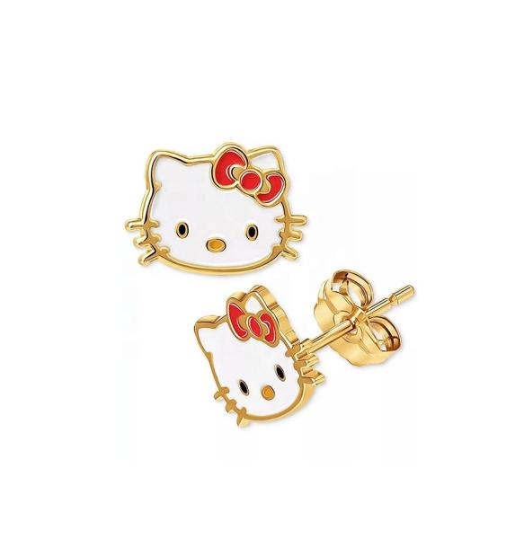 18K Gold Plated Hello Kitty Enamel Stud Earrings for Girls in 925 Sterling