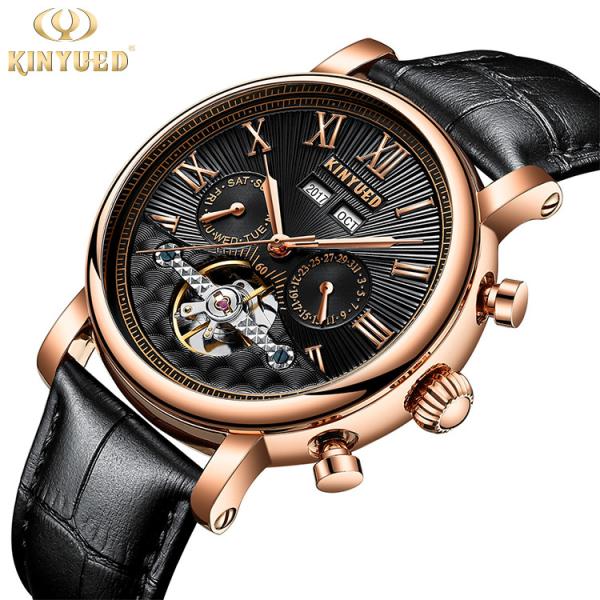 KINYUED J022-2 Minimalist Gold Case Leather Strap Watches Complete Calendar