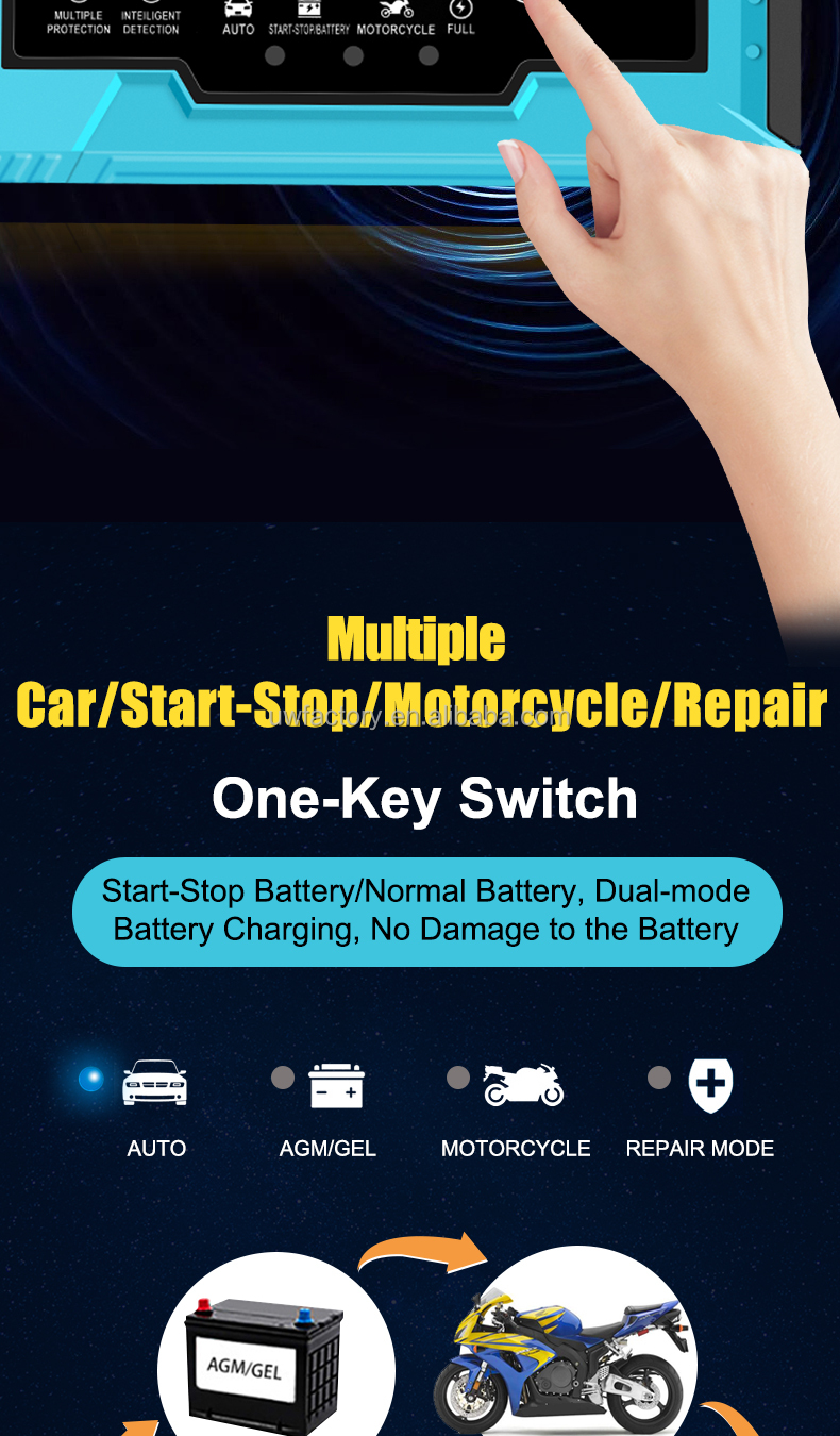 12V 110V 220V 240V 260V Lead Acid Battery Pulse Repair Charger for Car Motorcycle Overvoltage Protection and Digital Display