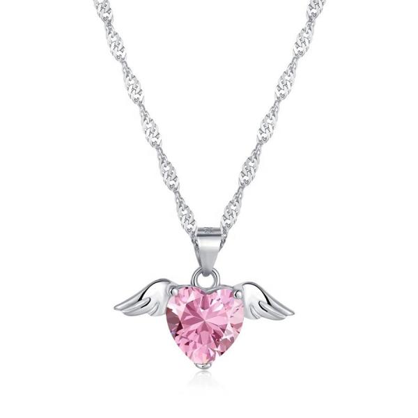 S925 Sterling Silver Love Wings Necklace Women Heart Zircon Collarbone Chain