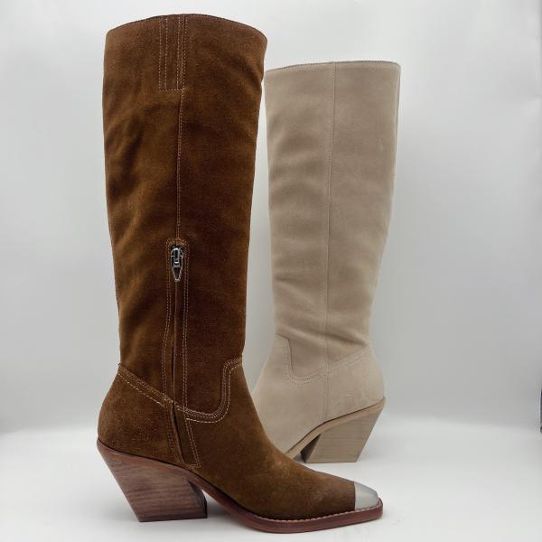 Off white soft cow suede leather with embroidery stitching Womens Dress Boots