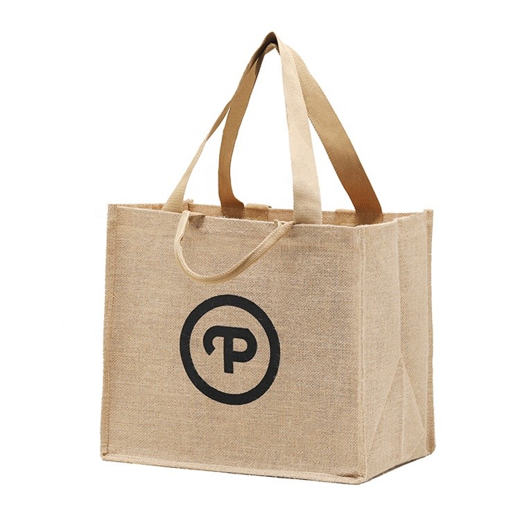 Customized Canvas Button Printed Jute Bags With Logo Natural Black Beach Laminated