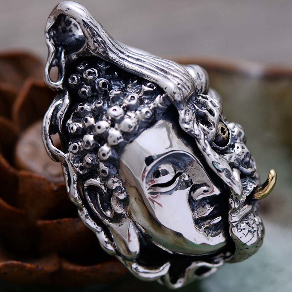 Women Men Retro Sterling Silver Buddha Demon Design Pendant Necklace N808062