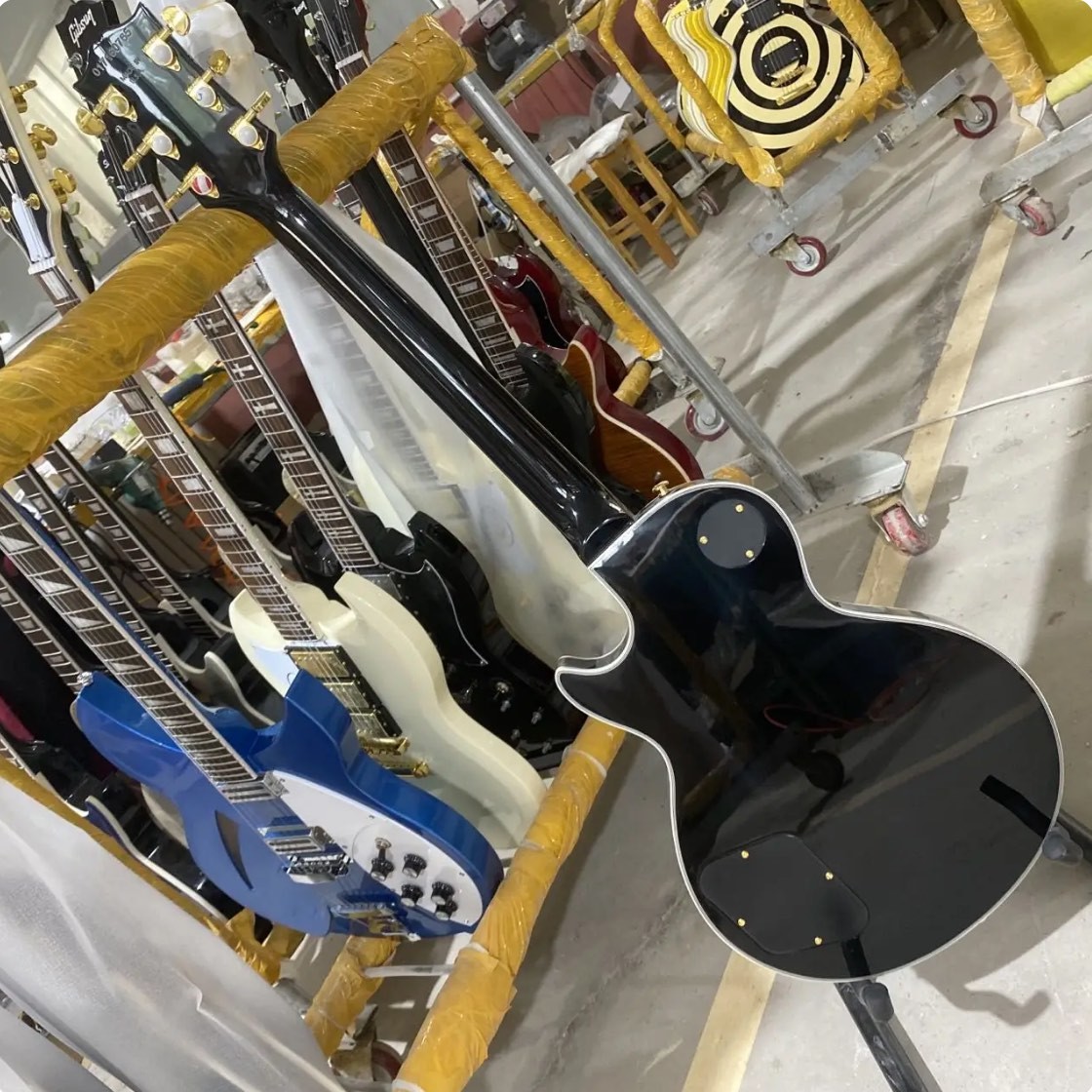Custom GB Style LP Les Paul Electric Guitar, Mahogany Body, Ebony Fretboard, Black Color, Golden Hardware, Fret Binding