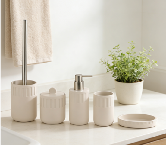 Polyresin bathroom accessories ser round with vertical stripe simple design soap dispenser