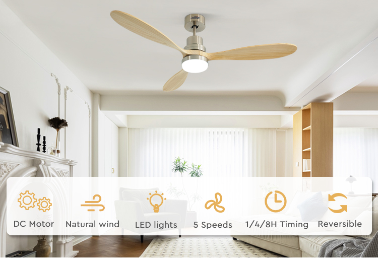 Contemporary LED Ceiling Fan with Wooden Blades Remote Control and Color Temperature