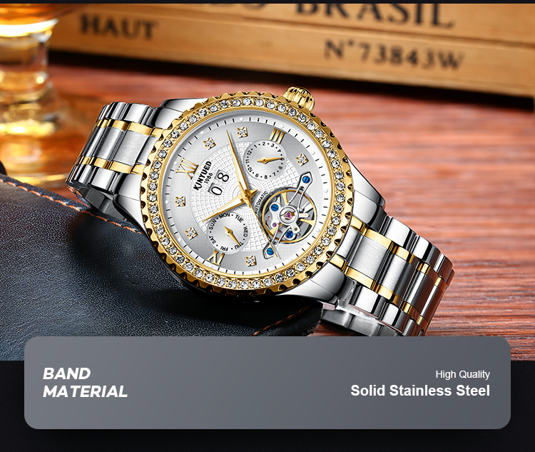 KINYUED calendar wrist watch gold dial with diamond case automatic mechanical watch