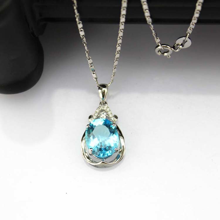 925 Silver Jewelry 9mm x11mm Oval Blue Topaz Cubic Zircon Pendant(PSJ0420)
