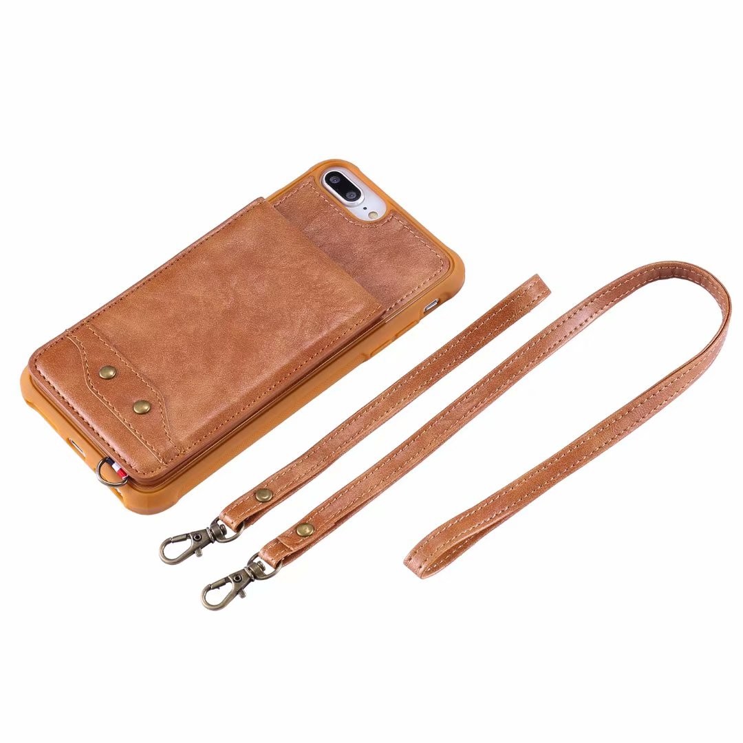 iPhone Portable Leather Phone Case with Card Holder Slot Lanyard Strap