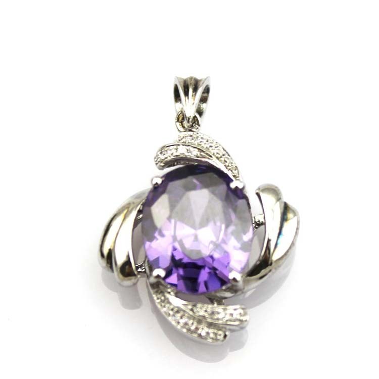 925 Silver Jewelry 7mmx9mm Oval Purple Cubic Zirconia Pendant Necklace (PSJ0207)