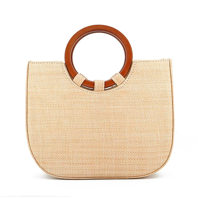 Women's Bag Woven With Grass And Wooden Handle For Leisure Featuring Fashion Designs