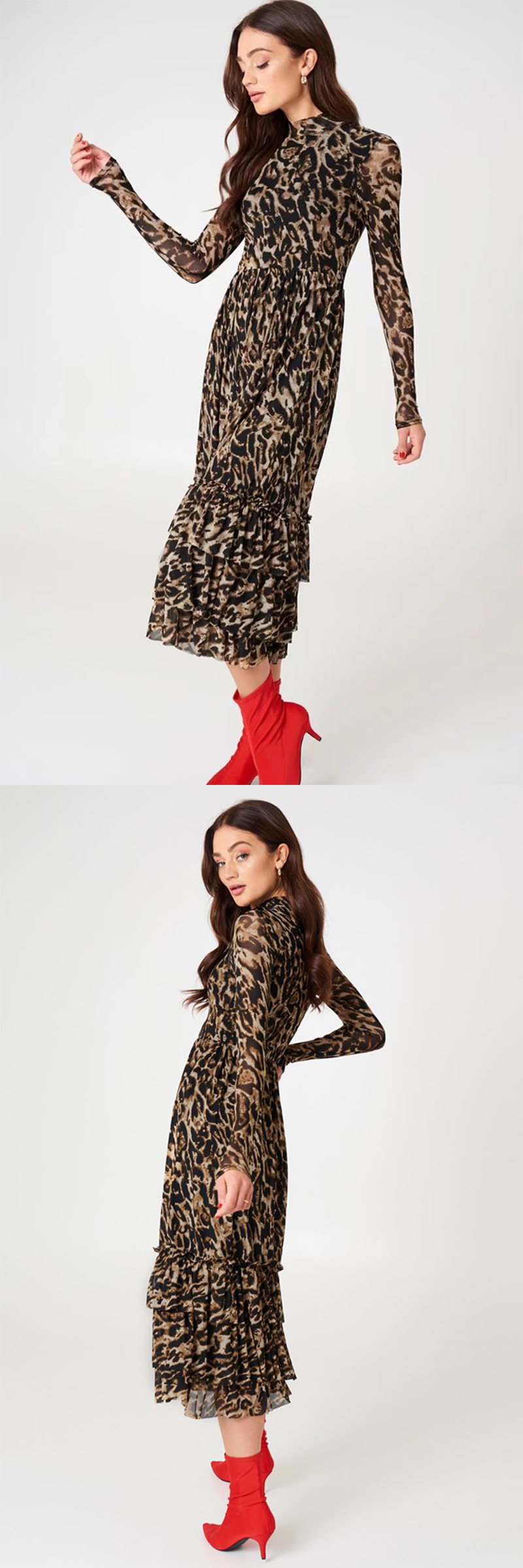 Fashion Women Leopard Print Long Sleeve Women Maxi Dresses