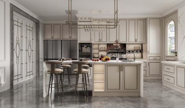 Chic Elegant Beige Modern Kitchen Cabinet With Opulent White Marble Stainless