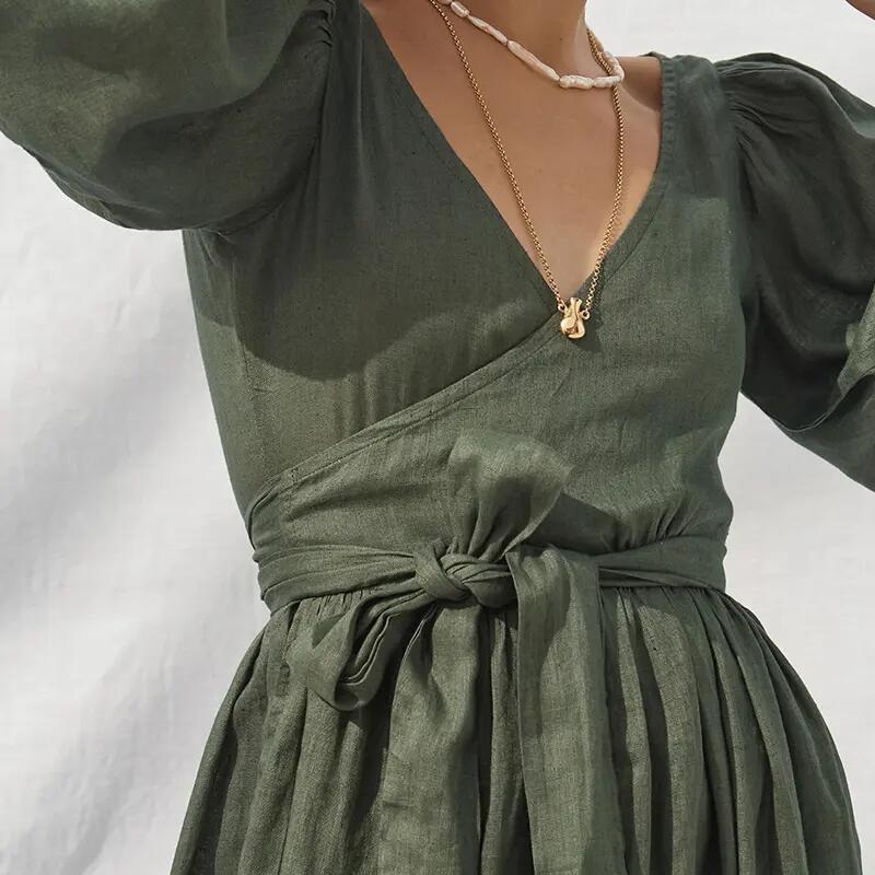 Summer Cotton Linen Women&prime;s Dress Fashion Clothing Ladies Puff Sleeve V-Neck Streetwear Party Casual Long Dress