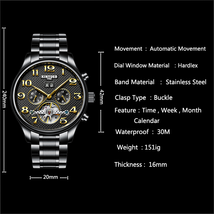 Fashion Automatic Mechanical Watch 20 Mm Band Width Buckle Clasp