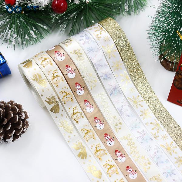 Golden Christmas ribbons, Christmas wreaths, Christmas trees, bows, decorations,