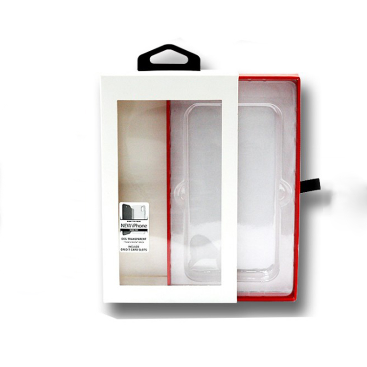 Clear window custom printing cardboard mobile phone case drawer box paper packaging with hook