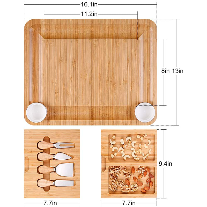 Gift-Worthy Rectangle Bamboo Cheese Board with Full Cutlery and Ceramic Sauce Plate