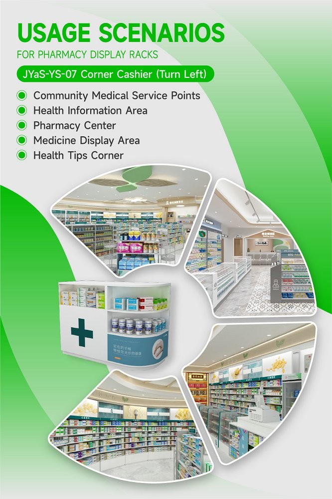 JYaS-YS-07 Eco-friendly Pharmacy Entrance Corner Cashier with Ultra-Clear Glass and Optimized Display