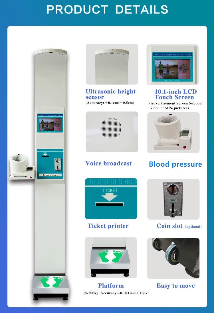 Automatic BMI Coin Operated Height Weight Scales With Blood Pressure Monitor