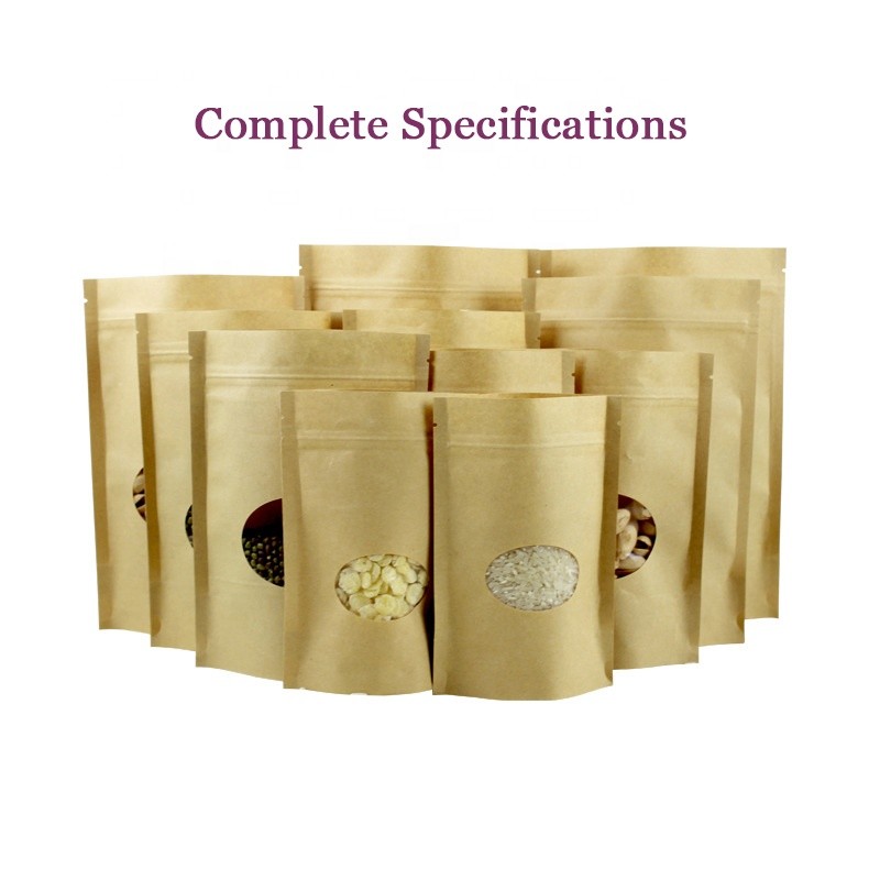 Resealable k Brown Kraft Paper Standing Up Pouches With Clear Oval Round Window