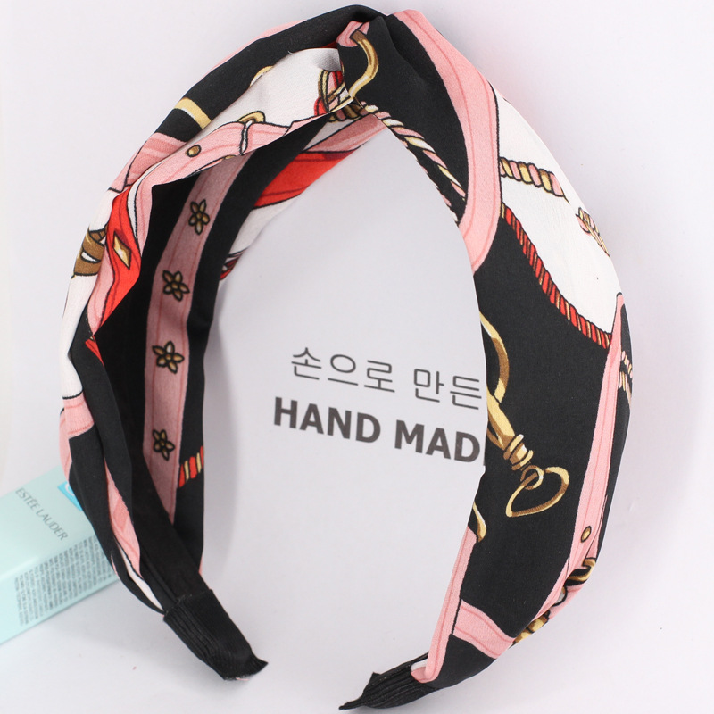 Chain satin cross hair band knot hairband wide edge printing Headband hair accessories