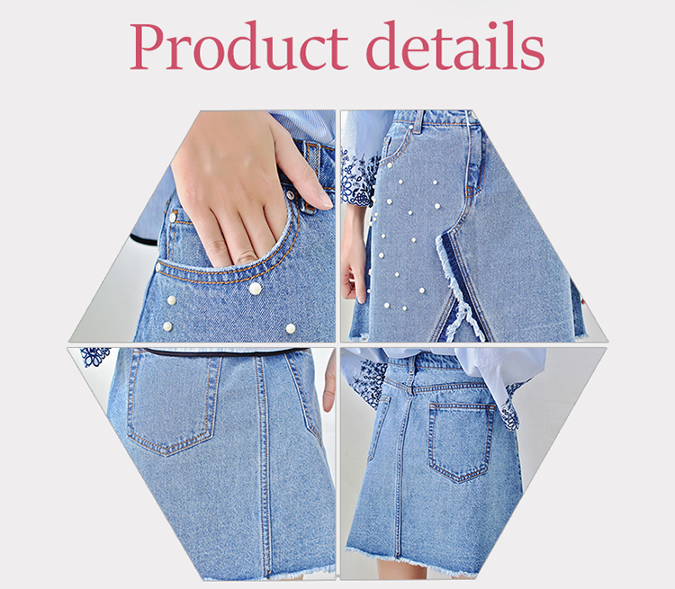 Young Ladies Short Denim Mini Skirt With Pearls , Women's A Line Denim Skirt