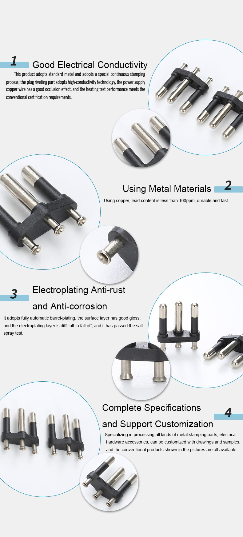Semi Insulated VDE Plug Insert NBR 4.8MM 10A 20A 3 Pin 3 Pole 3 Prong