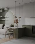 L Shaped White And Green Kitchen Cabinets Modern PET Kitchen System Tailored