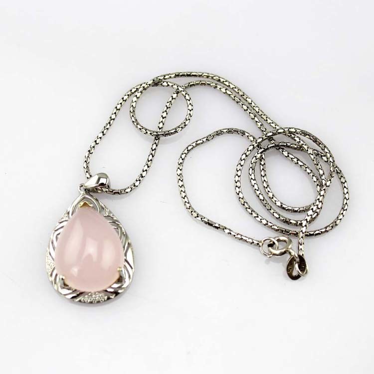 Women Silver Jewelry Pear Shaped Rose Quartz Cubic Zircon Pendant (P13)