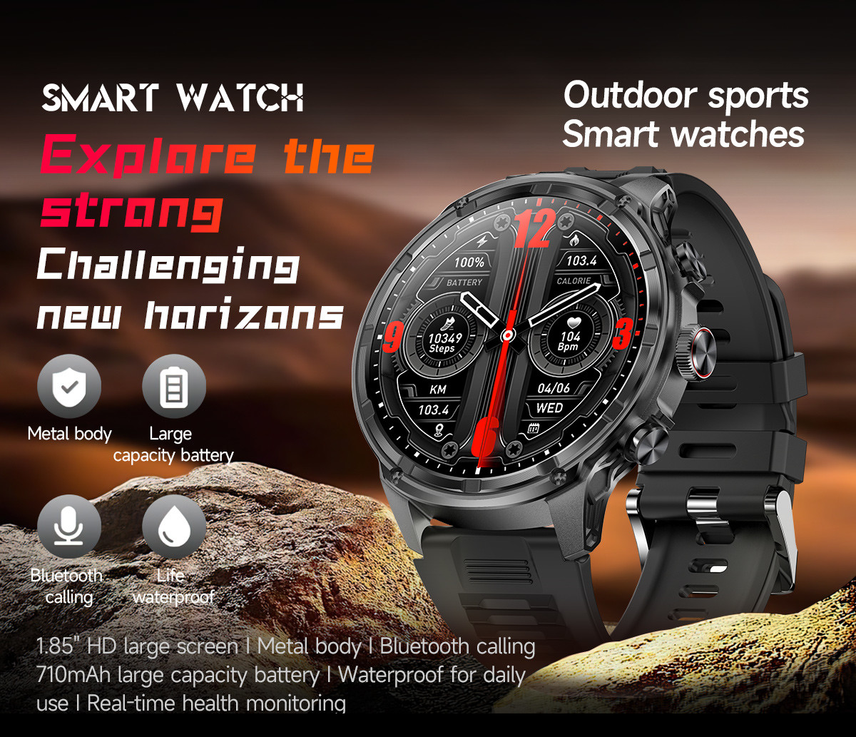 V99 Heart Rate Outdoor Smart Watch 1.85" Round Screen Sports Flashlight