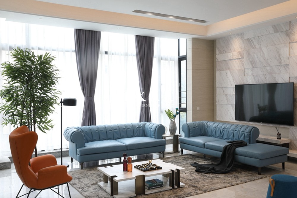 European Blue Fabric Loveseat 3 Seater Couch