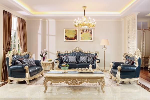 European style Luxury Leather Sofa set wood carving by Joyful Ever Living room