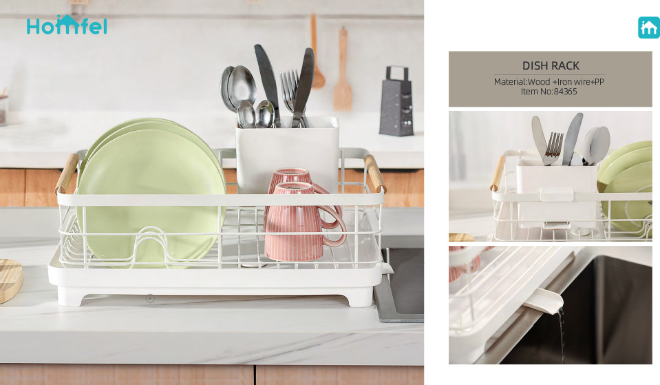 Home Kitchen Decorative White Metal Wire Storage Basket with Wood Handle