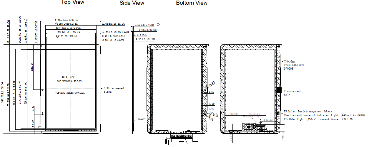 10.1 Inch TFT LCD Display Module 800x1280 500cd/M2 Luminance For High Brightness Tablet