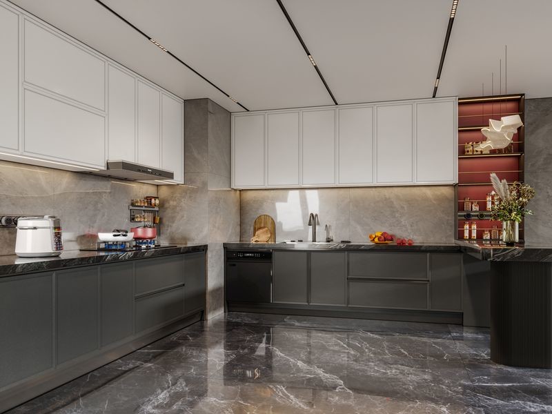 Fadior Modern Stainless Steel Kitchen Cabinet with Blush Red Accent And Extended Sinstered Stone Island