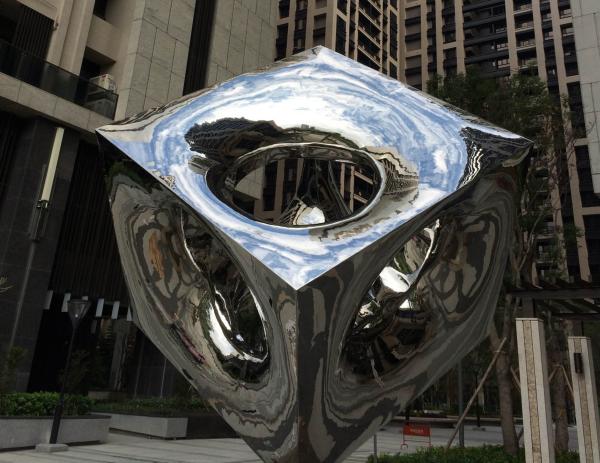 Contemporary Stainless Steel Sculpture Light Cube Highly Polished Plaza