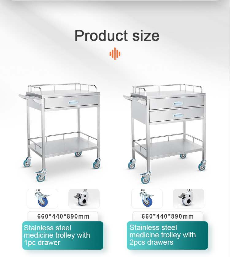 Hospital 2 Drawers And 1 Cabinet Stainless Steel Medical Medicine Trolley
