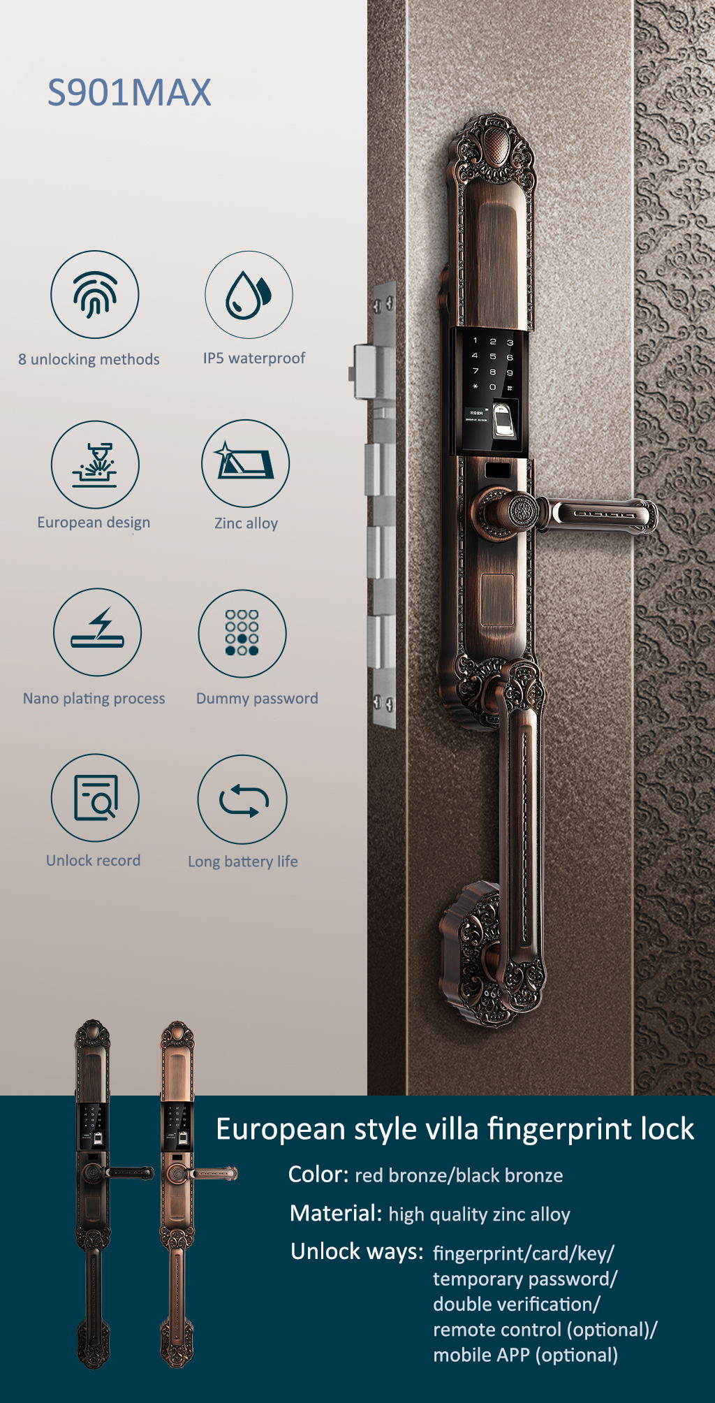 Red Bronze Automatic Fingerprint Door Lock Zinc Alloy App Door Lock