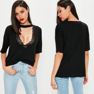 Wholesale Black Choker Neck Cut Out Clothing T Shirt Women from china suppliers