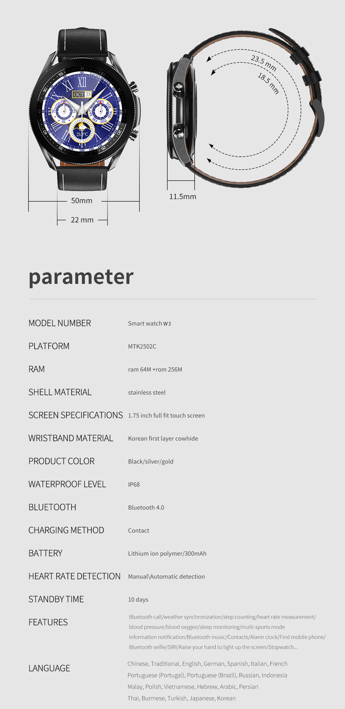 Stainless Steel 300MAH BP Spo2 Smartwatch ECG PPG Heart Rate